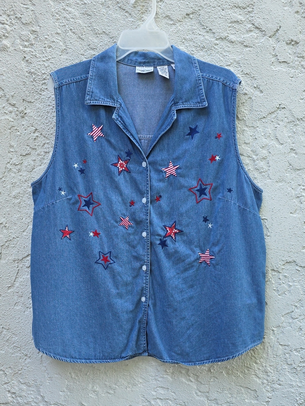 Vintage Y2K Denim Chambray ❤️🤍💙Patriotic 4th Of July Stars Sleeveless Shirt